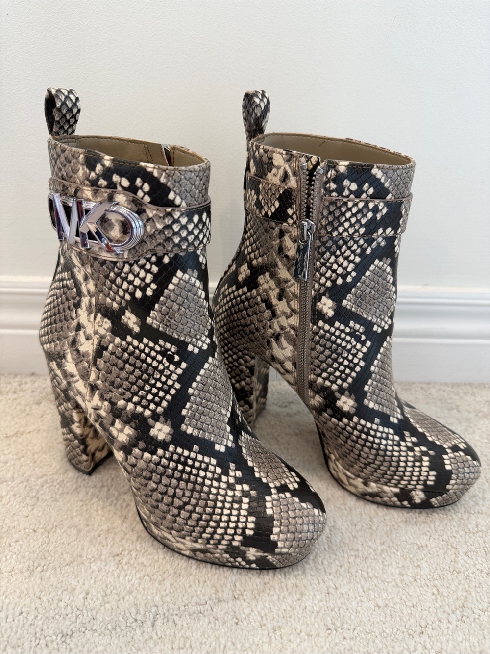 Michael Kors Snake-Print Ankle Boots in Black and Cream, Size 6.